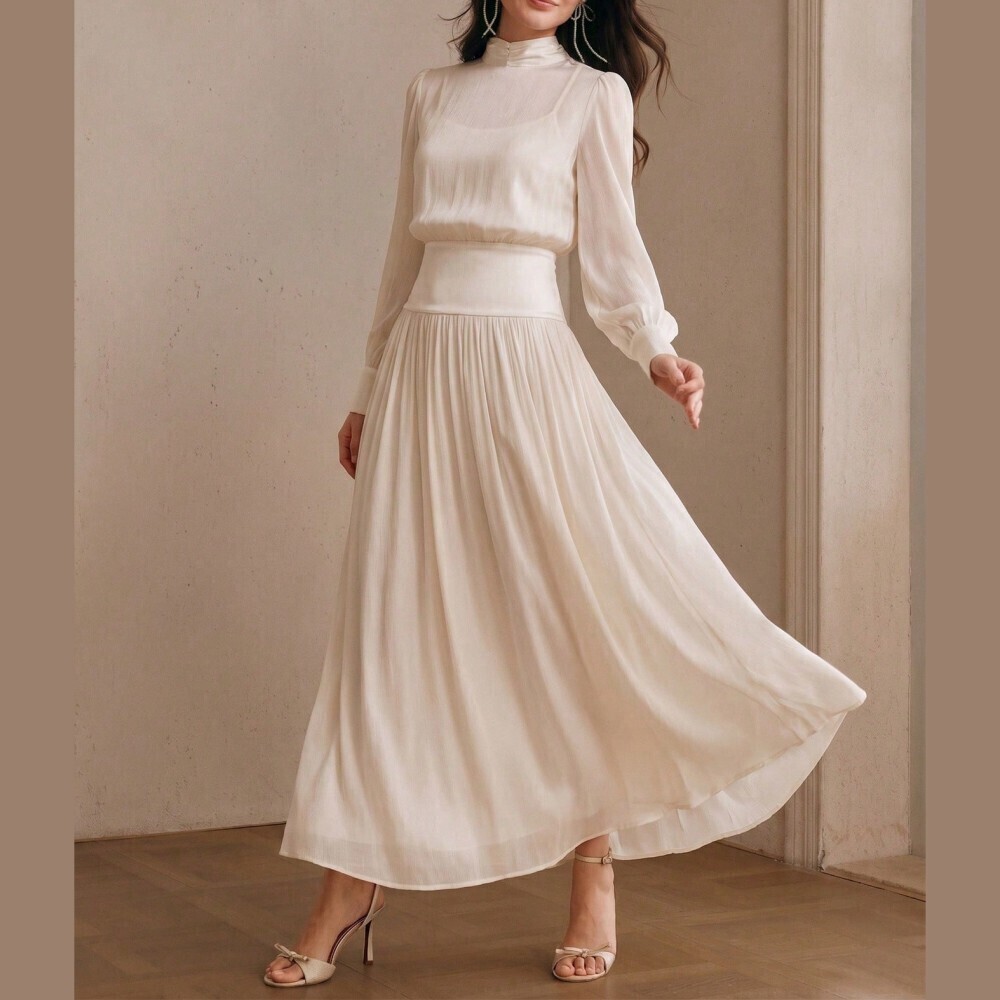 Cream Woven Stand Collar Long Sleeve Blouson Sheer Pleated Maxi Dress